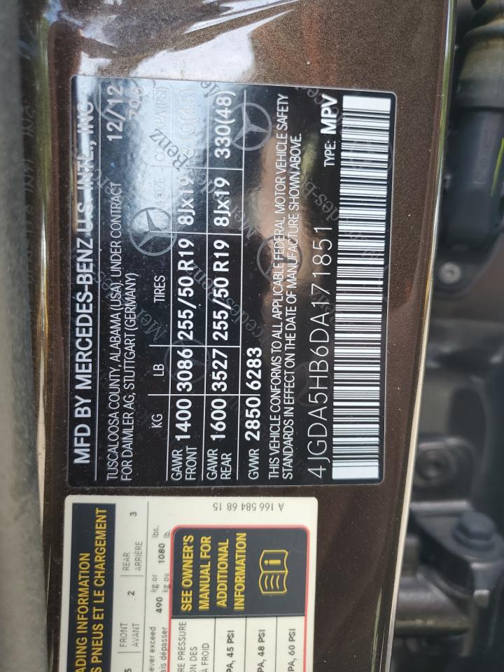 2013 Mercedes-Benz Ml 350 4Matic VIN: 4JGDA5HB6DA171851 Lot: 63921665