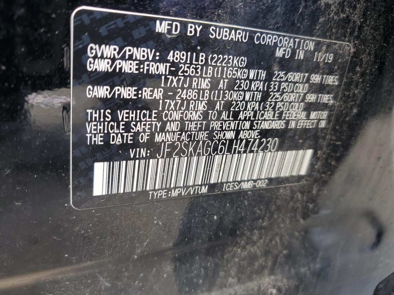 2020 Subaru Forester Premium VIN: JF2SKAGC6LH474230 Lot: 62933235