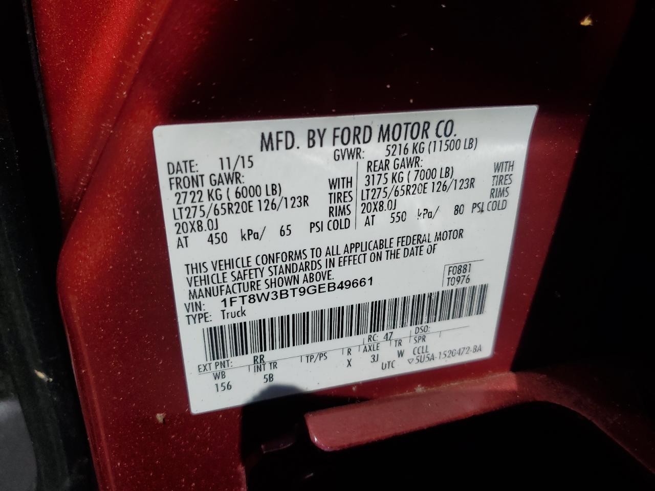 2016 Ford F350 Super Duty VIN: 1FT8W3BT9GEB49661 Lot: 64415365