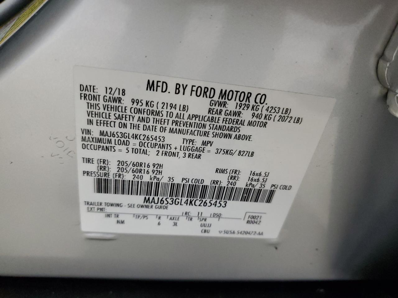2019 Ford Ecosport Se VIN: MAJ6S3GL4KC265453 Lot: 63339875