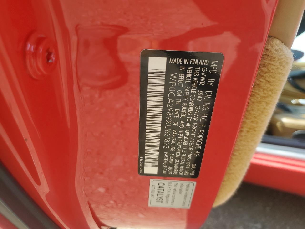 1999 Porsche Boxster VIN: WP0CA2989XU621822 Lot: 65193545