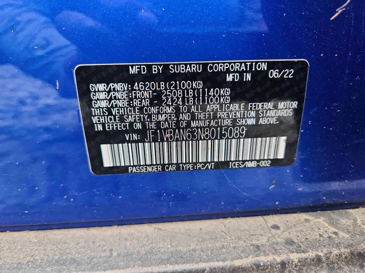 2022 Subaru Wrx Limited VIN: JF1VBAN63N8015089 Lot: 65218965