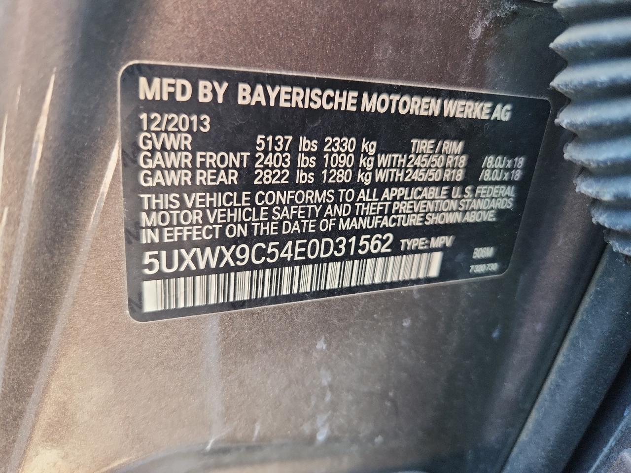2014 BMW X3 xDrive28I VIN: 5UXWX9C54E0D31562 Lot: 63051655