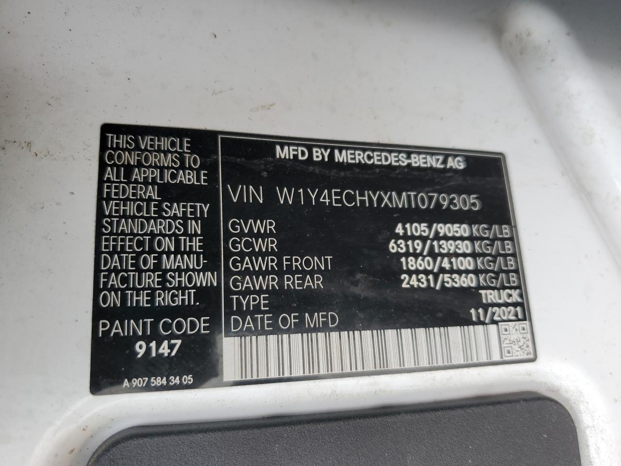 w1y4echyxmt079305 W1Y4ECHYXMT079305 2021 Mercedes-Benz Sprinter 2500