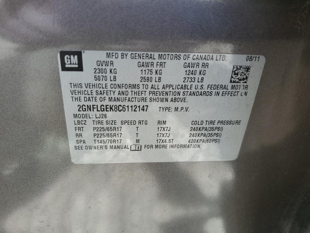 2012 Chevrolet Equinox Ltz VIN: 2GNFLGEK8C6112147 Lot: 65217025