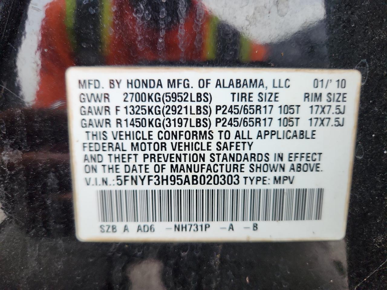 2010 Honda Pilot Touring VIN: 5FNYF3H95AB020303 Lot: 63252465