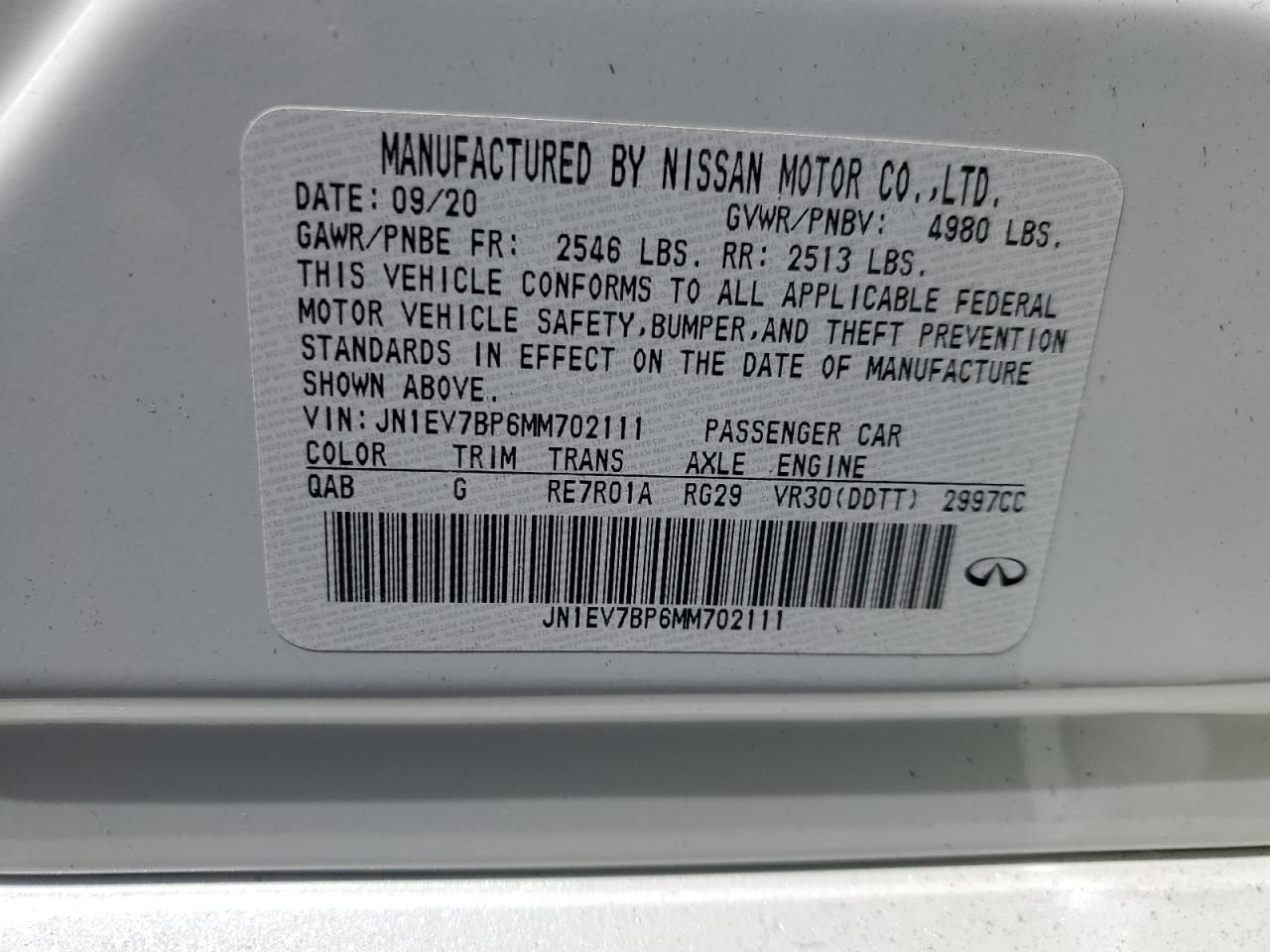2021 Infiniti Q50 Luxe VIN: JN1EV7BP6MM702111 Lot: 63339065