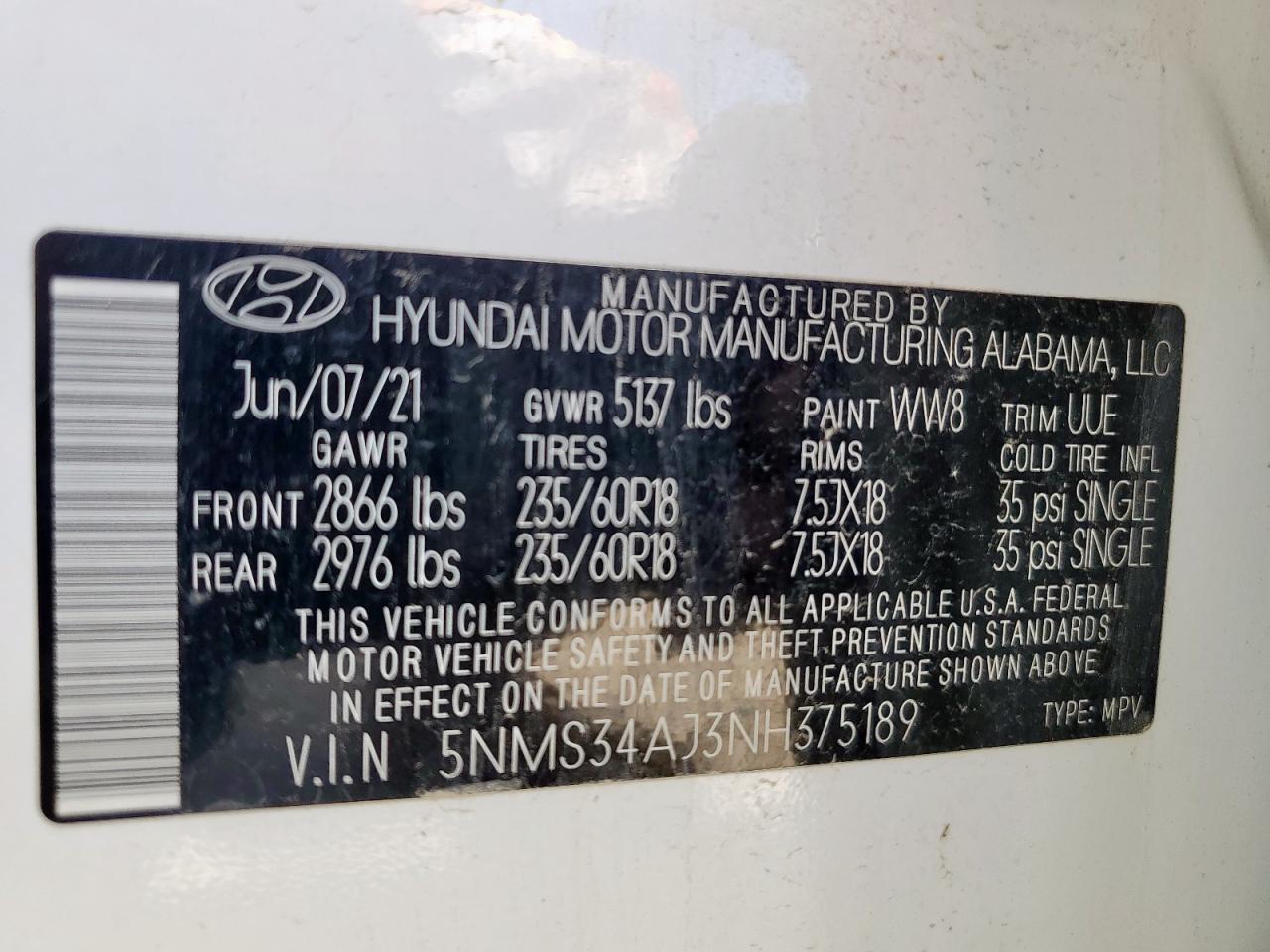2022 Hyundai Santa Fe Sel VIN: 5NMS34AJ3NH375189 Lot: 64835245