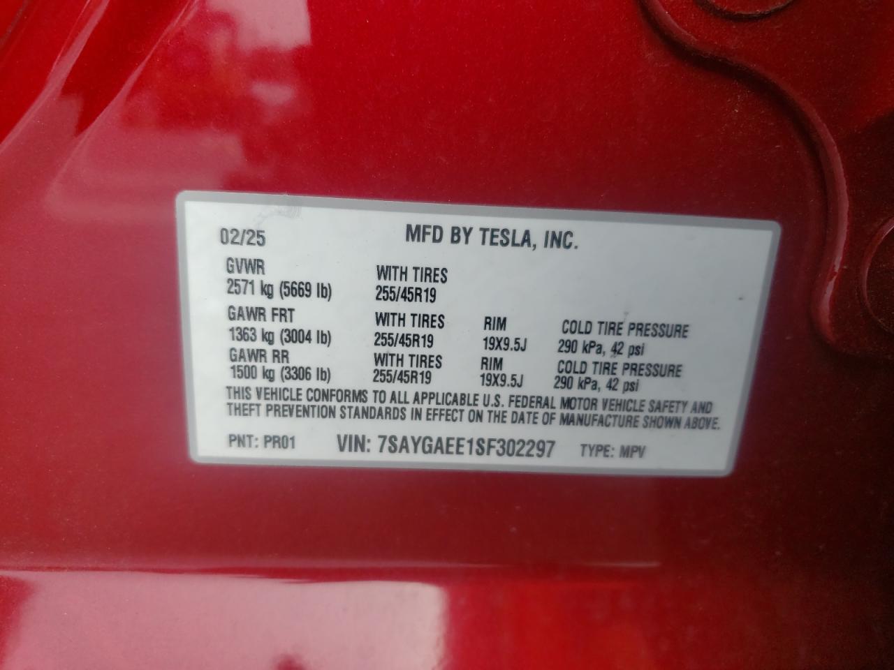 2025 Tesla Model Y VIN: 7SAYGAEE1SF302297 Lot: 64965985