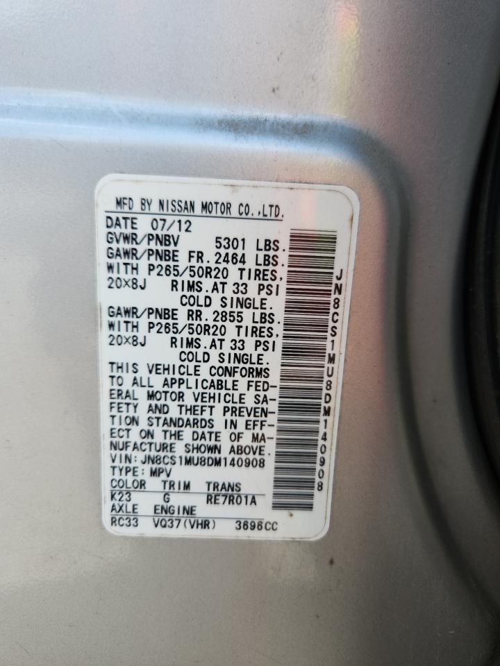 2013 Infiniti Fx37 VIN: JN8CS1MU8DM140908 Lot: 65024695