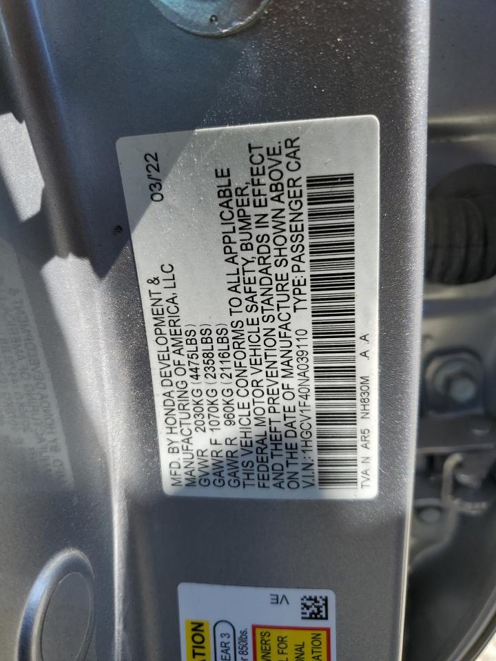 2022 Honda Accord Sport Se VIN: 1HGCV1F40NA039110 Lot: 63343425