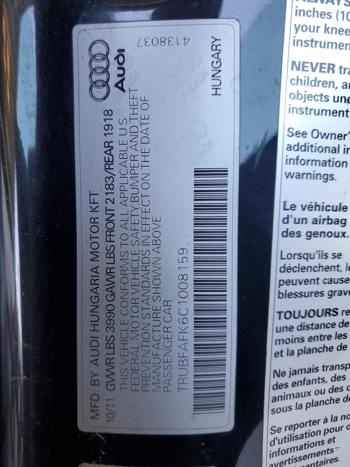 2012 Audi Tt Premium Plus VIN: TRUBFAFK6C1008159 Lot: 62610035