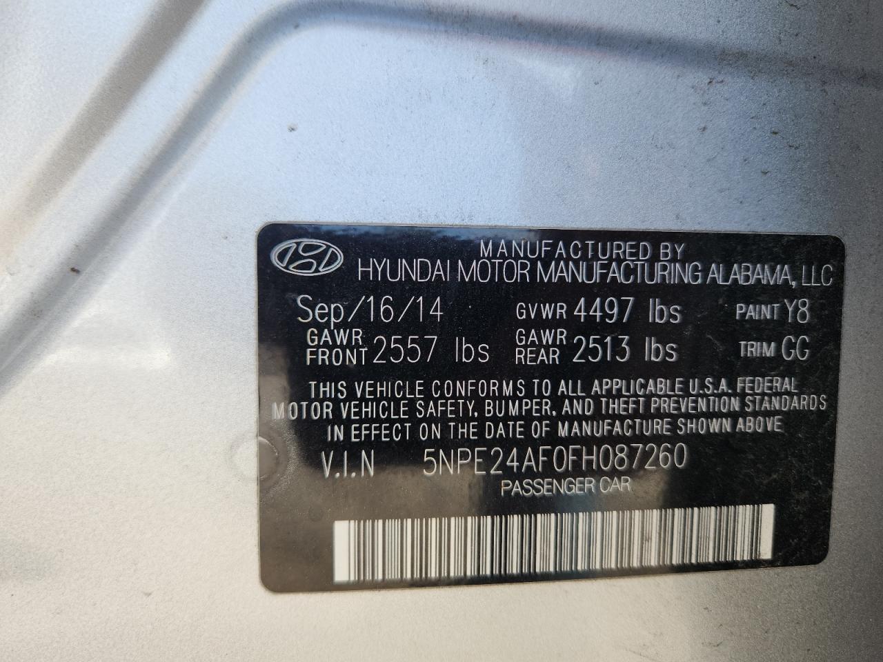 2015 Hyundai Sonata Se VIN: 5NPE24AF0FH087260 Lot: 64849035