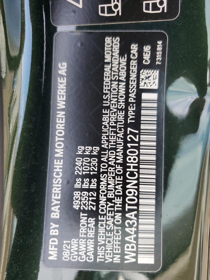 2022 BMW 430Xi VIN: WBA43AT09NCH80127 Lot: 63526505
