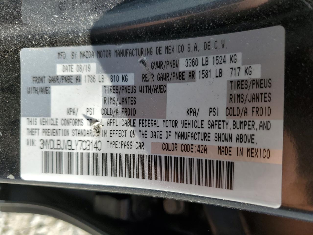 2020 Toyota Yaris Le VIN: 3MYDLBJV9LY703140 Lot: 67086755