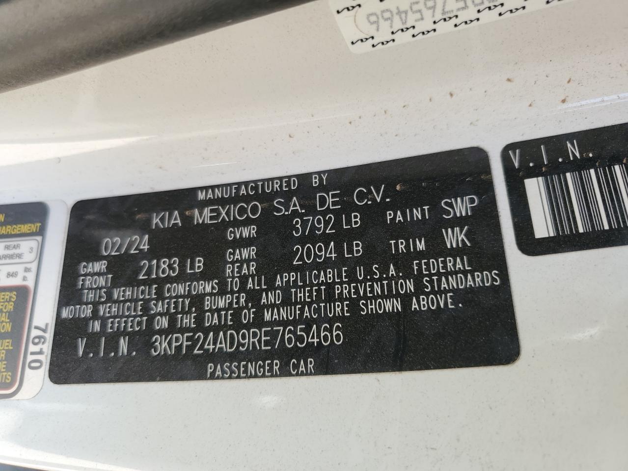 2024 Kia Forte Lx VIN: 3KPF24AD9RE765466 Lot: 64862615