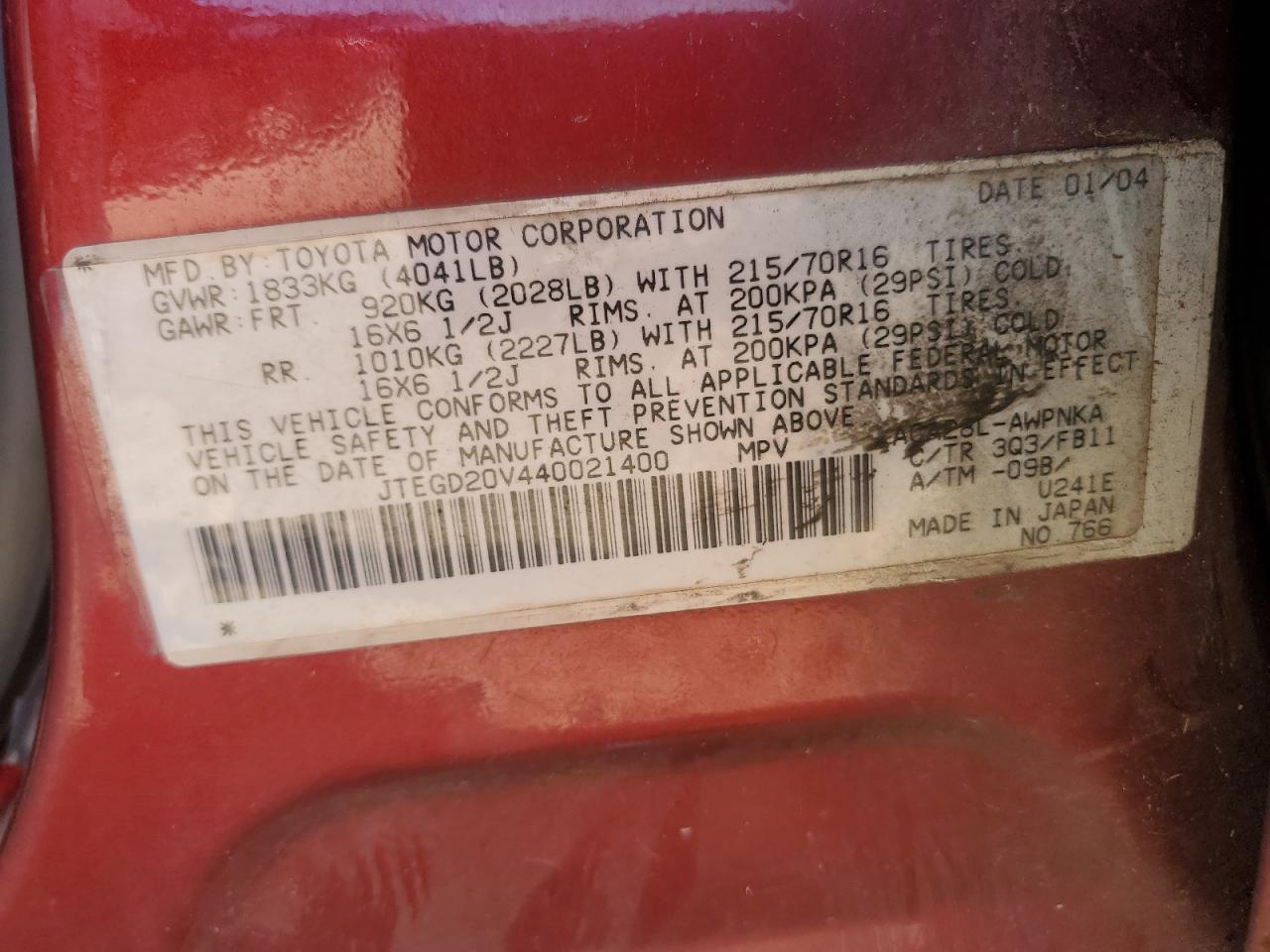 2004 Toyota Rav4 VIN: JTEGD20V440021400 Lot: 66185335