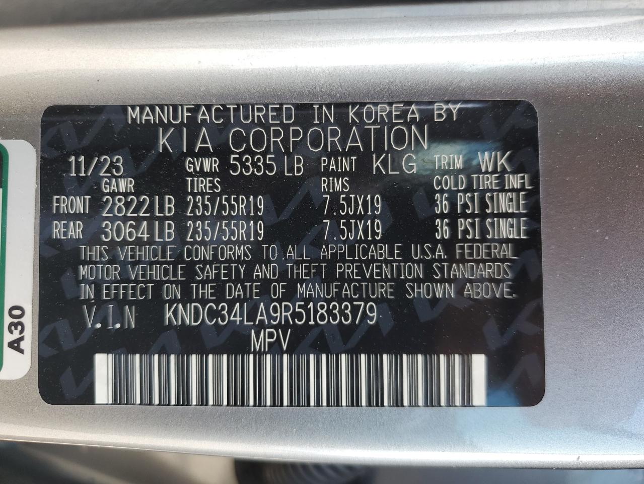 2024 Kia Ev6 Light VIN: KNDC34LA9R5183379 Lot: 64526865