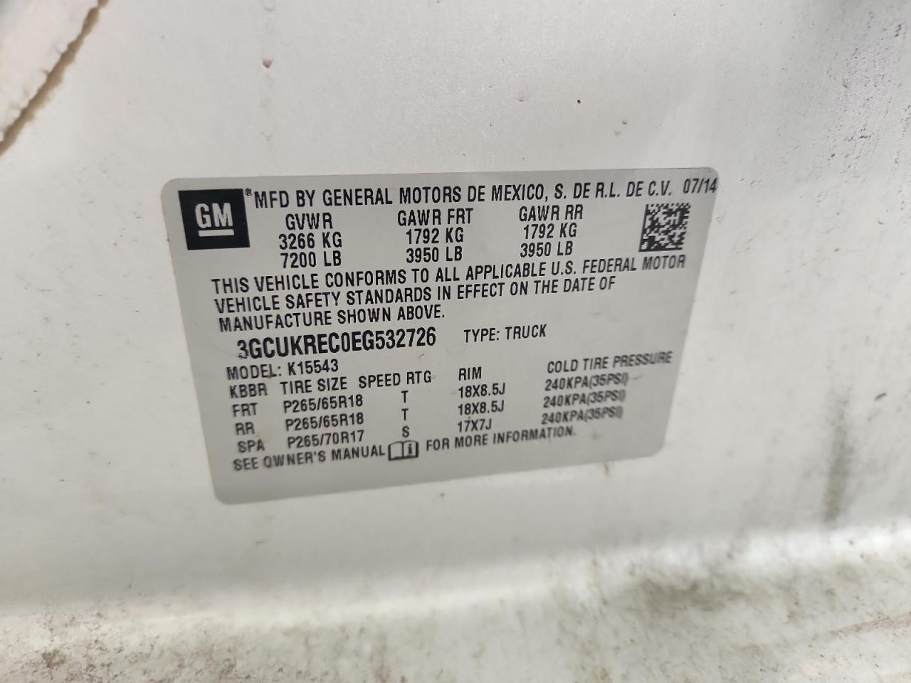 2014 Chevrolet Silverado K1500 Lt VIN: 3GCUKREC0EG532726 Lot: 64942615