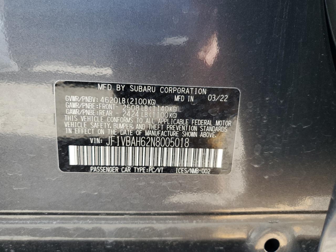 2022 Subaru Wrx Premium VIN: JF1VBAH62N8005018 Lot: 66081745