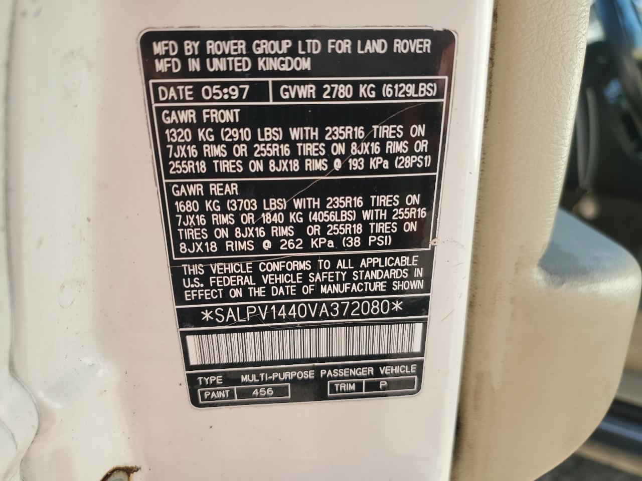 SALPV1440VA372080 1997 Land Rover Range Rover 4.6 Hse Long Wheelbase