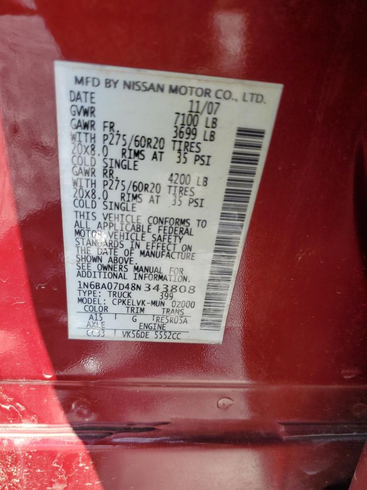 2008 Nissan Titan Xe VIN: 1N6BA07D48N343808 Lot: 64055125