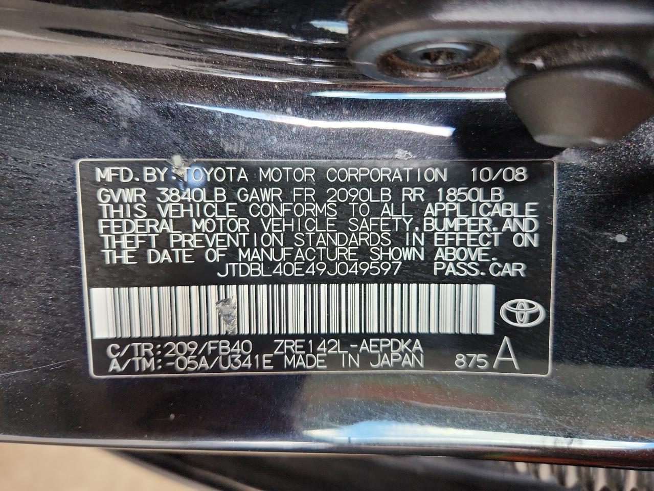 2009 Toyota Corolla Base VIN: JTDBL40E49J049597 Lot: 65001075
