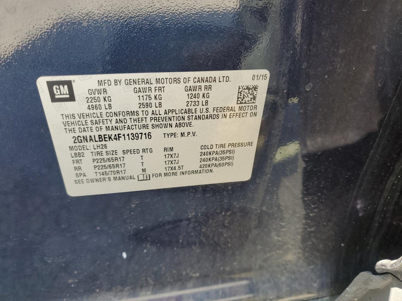 2015 Chevrolet Equinox Lt VIN: 2GNALBEK4F1139716 Lot: 64951435