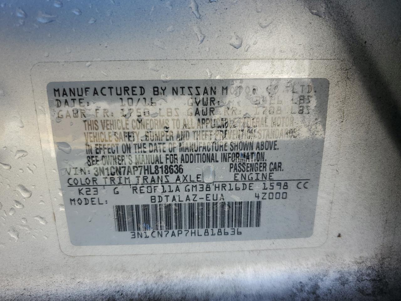 2017 Nissan Versa S VIN: 3N1CN7AP7HL818636 Lot: 64279255