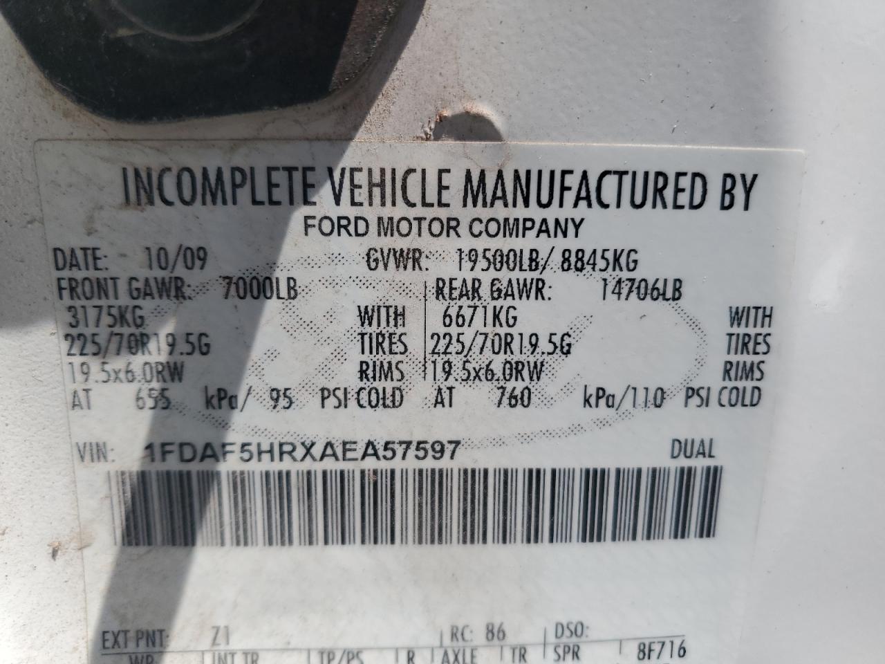 2010 Ford F550 Super Duty VIN: 1FDAF5HRXAEA57597 Lot: 65770265