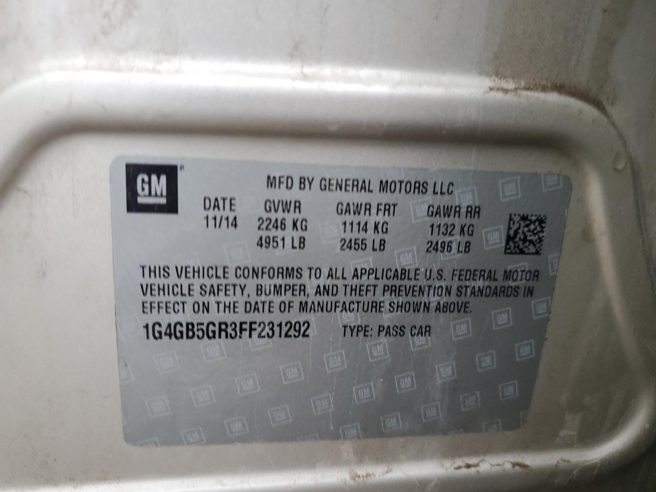 2015 Buick Lacrosse VIN: 1G4GB5GR3FF231292 Lot: 64746765