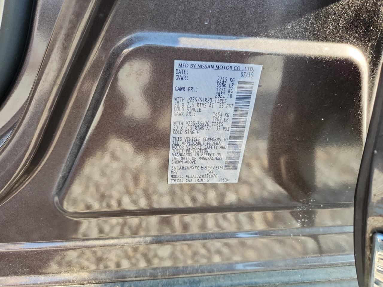 2015 Nissan Pathfinder S VIN: 5N1AR2MNXFC689799 Lot: 66724285