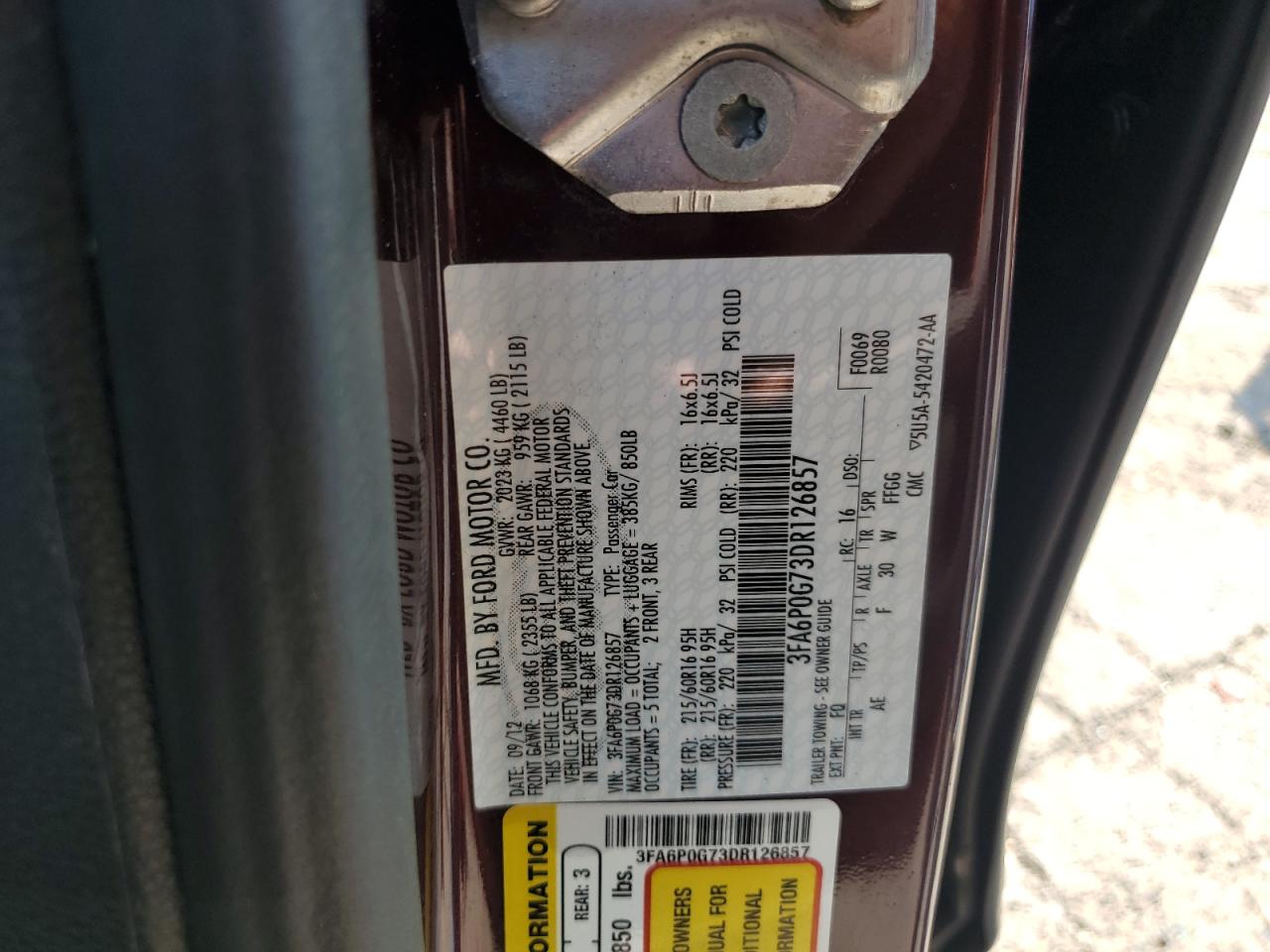 2013 Ford Fusion S VIN: 3FA6P0G73DR126857 Lot: 65325565