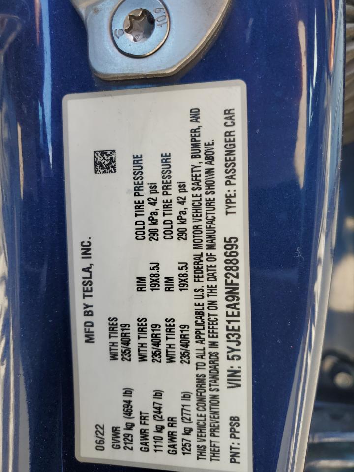 2022 Tesla Model 3 VIN: 5YJ3E1EA9NF288695 Lot: 63439105