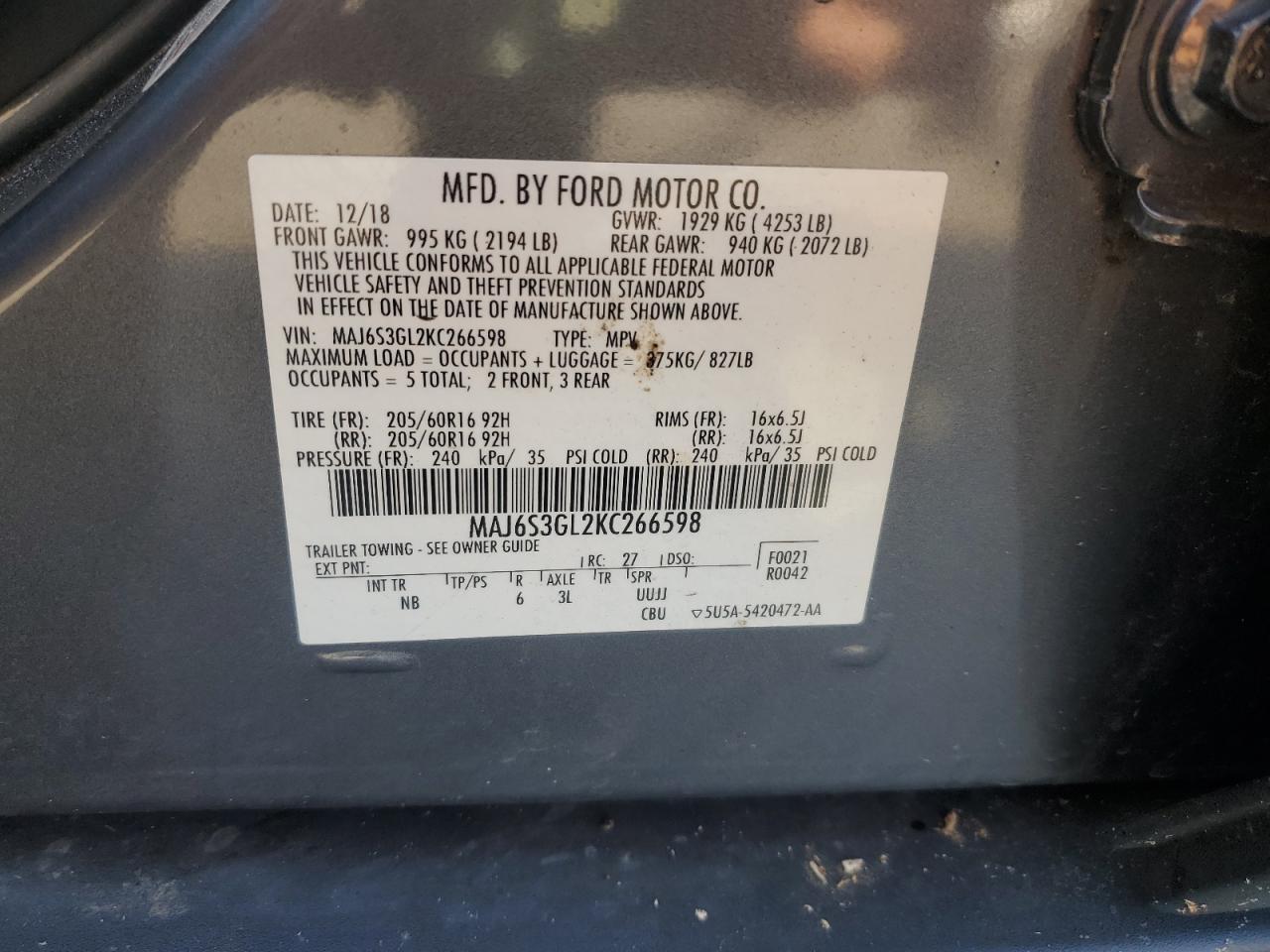 2019 Ford Ecosport Se VIN: MAJ6S3GL2KC266598 Lot: 63490395