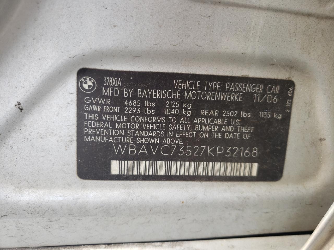 2007 BMW 328 Xi Sulev VIN: WBAVC73527KP32168 Lot: 63793745