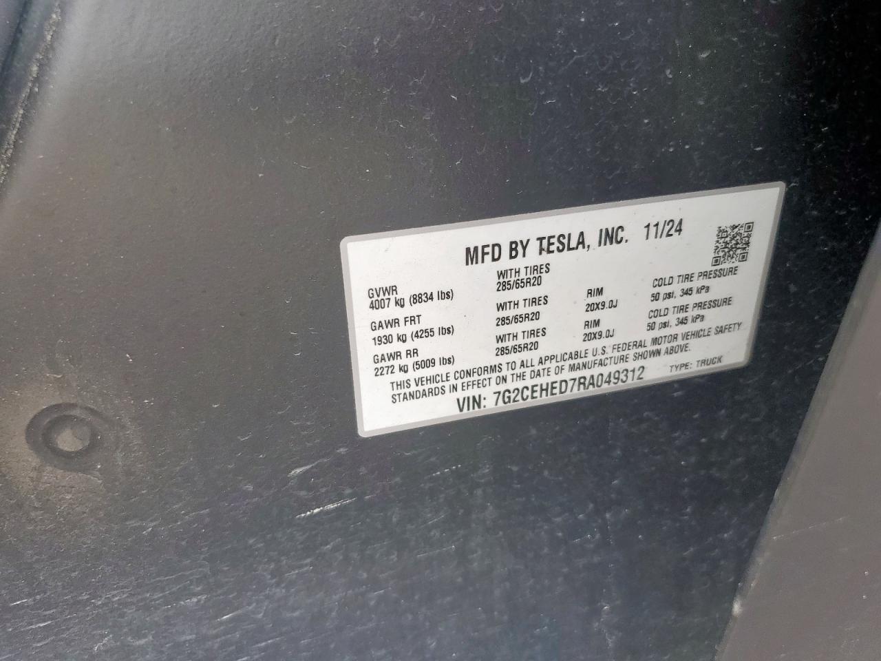 2024 Tesla Cybertruck VIN: 7G2CEHED7RA049312 Lot: 63873785
