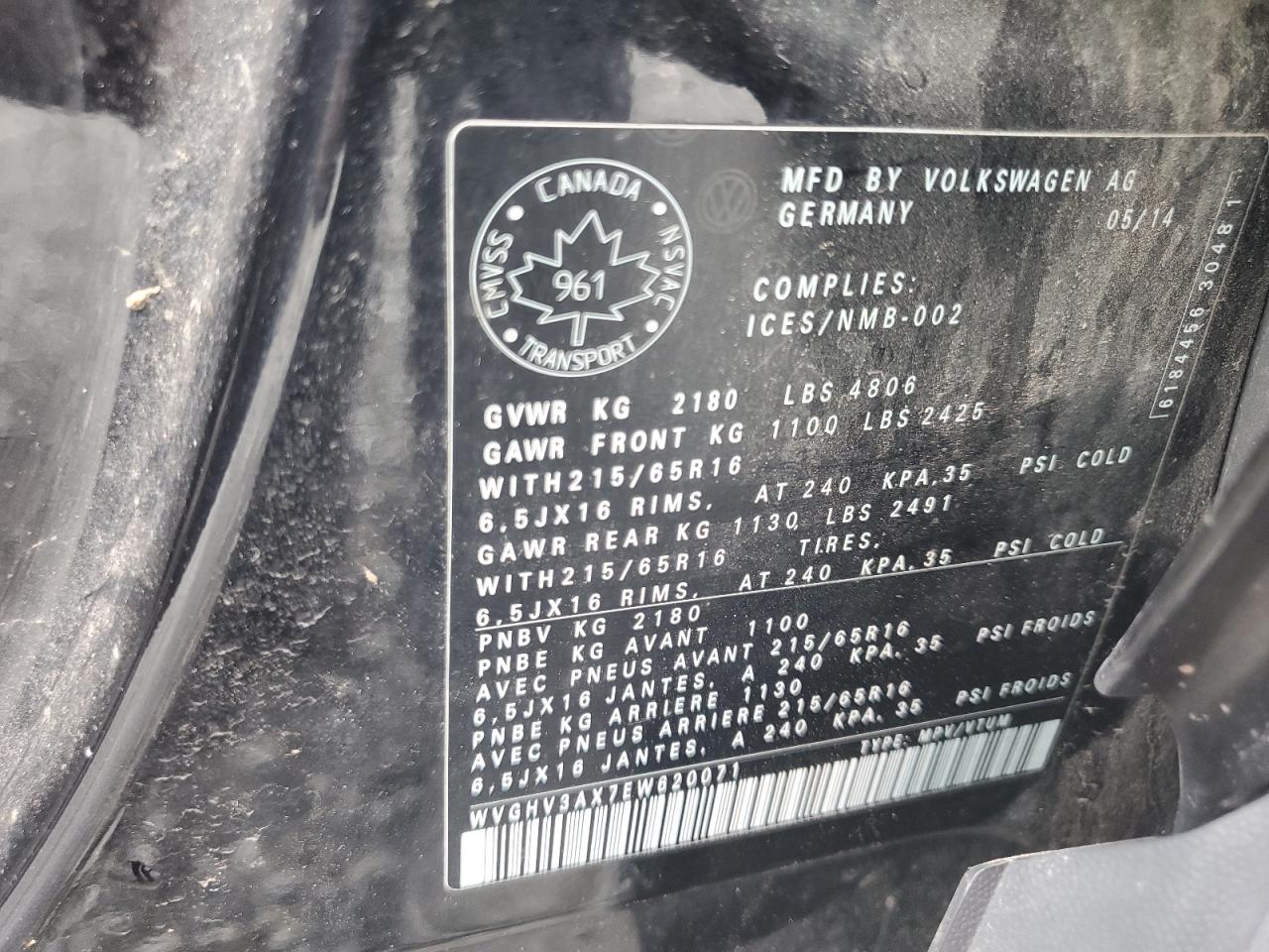 2014 Volkswagen Tiguan S VIN: WVGHV3AX7EW620071 Lot: 61447955