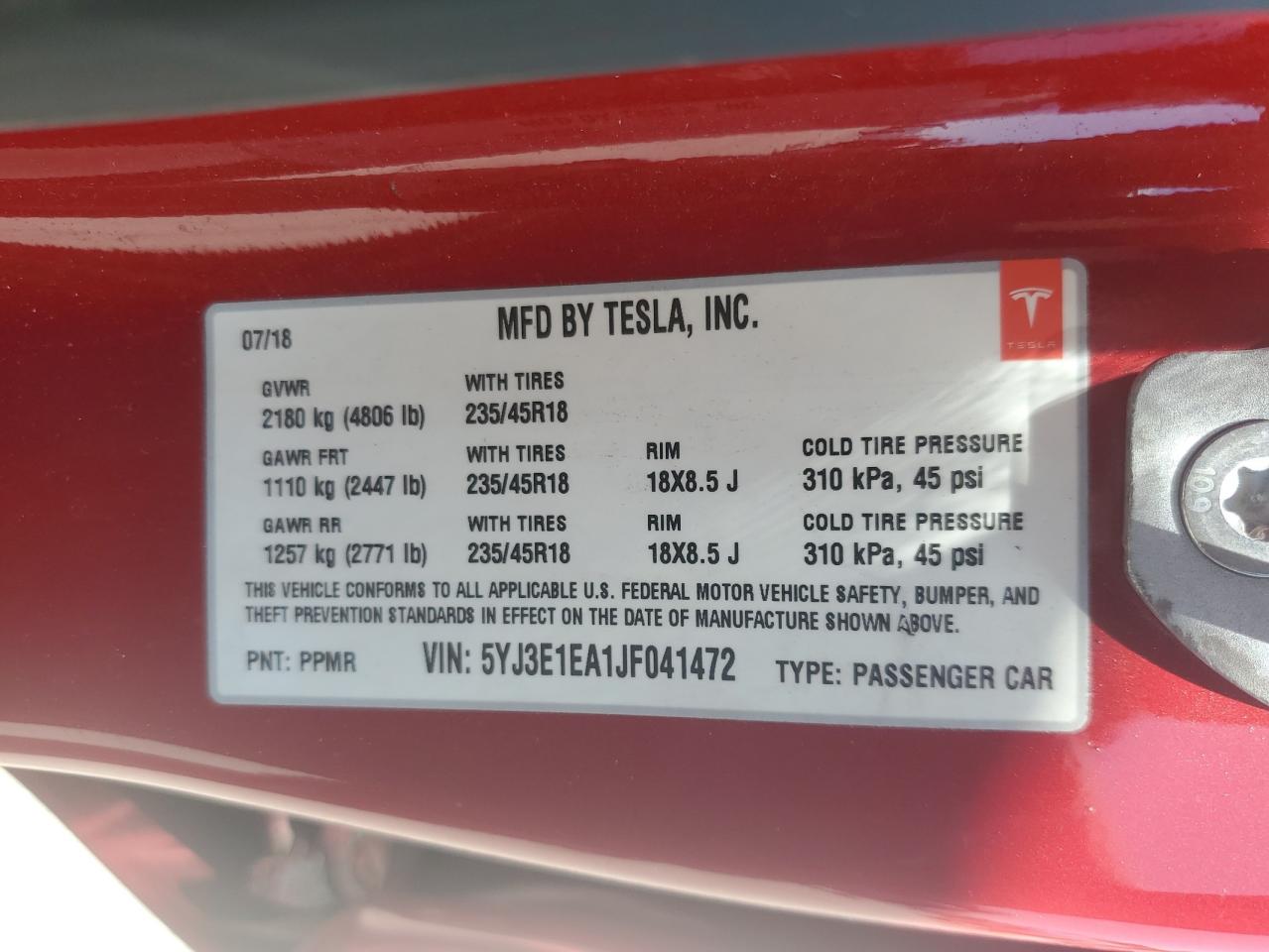 2018 Tesla Model 3 VIN: 5YJ3E1EA1JF041472 Lot: 64843655
