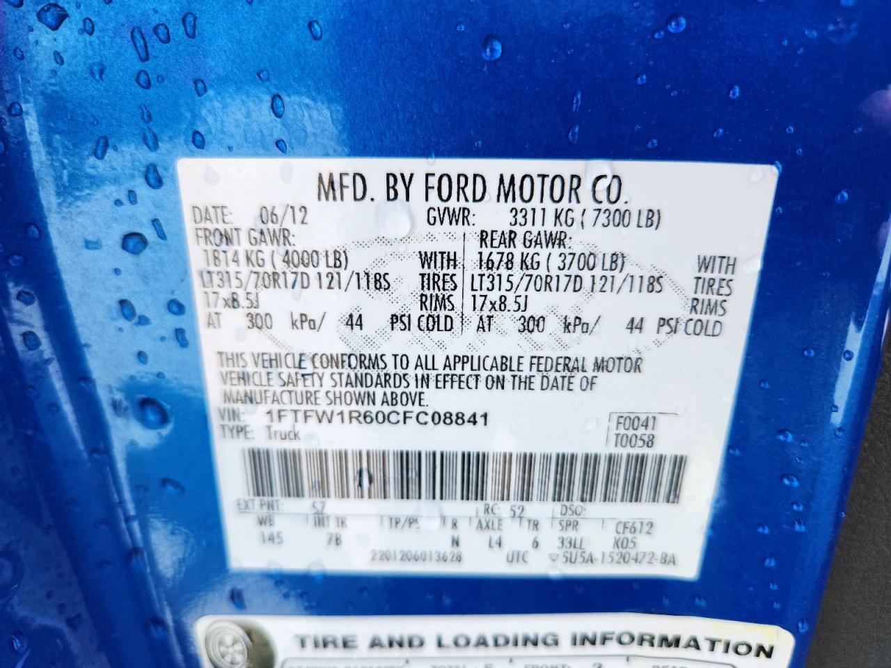 2012 Ford F150 Svt Raptor VIN: 1FTFW1R60CFC08841 Lot: 63804175