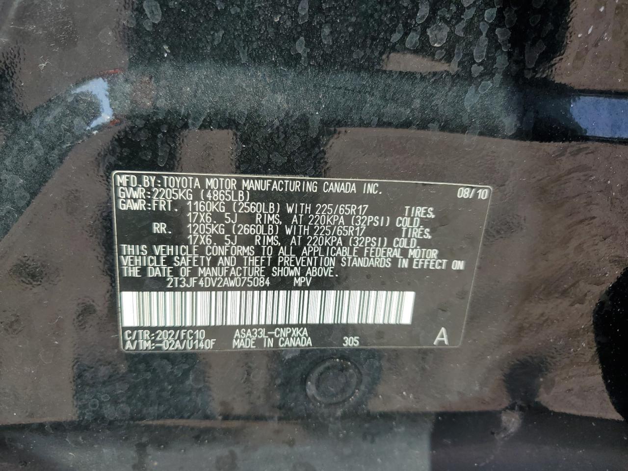 2010 Toyota Rav4 VIN: 2T3JF4DV2AW075084 Lot: 65186935