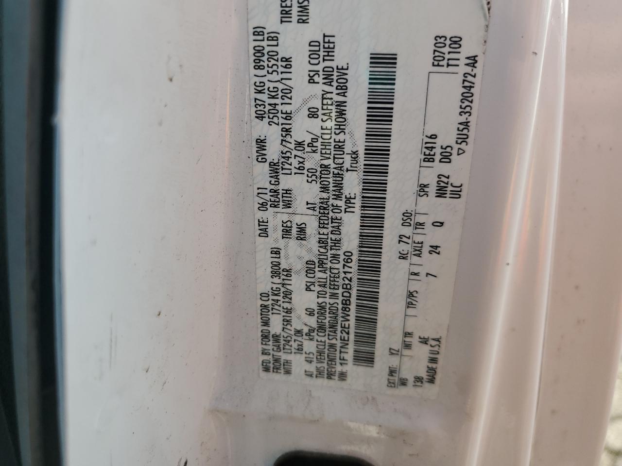 2011 Ford Econoline E250 Van VIN: 1FTNE2EW8BDB21760 Lot: 64358485
