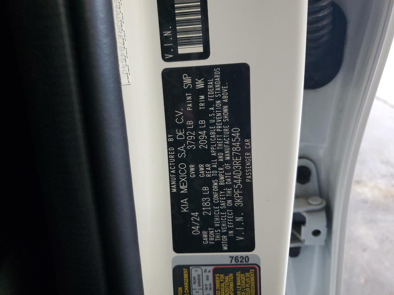 2024 Kia Forte Gt Line VIN: 3KPF54AD3RE784540 Lot: 64392025