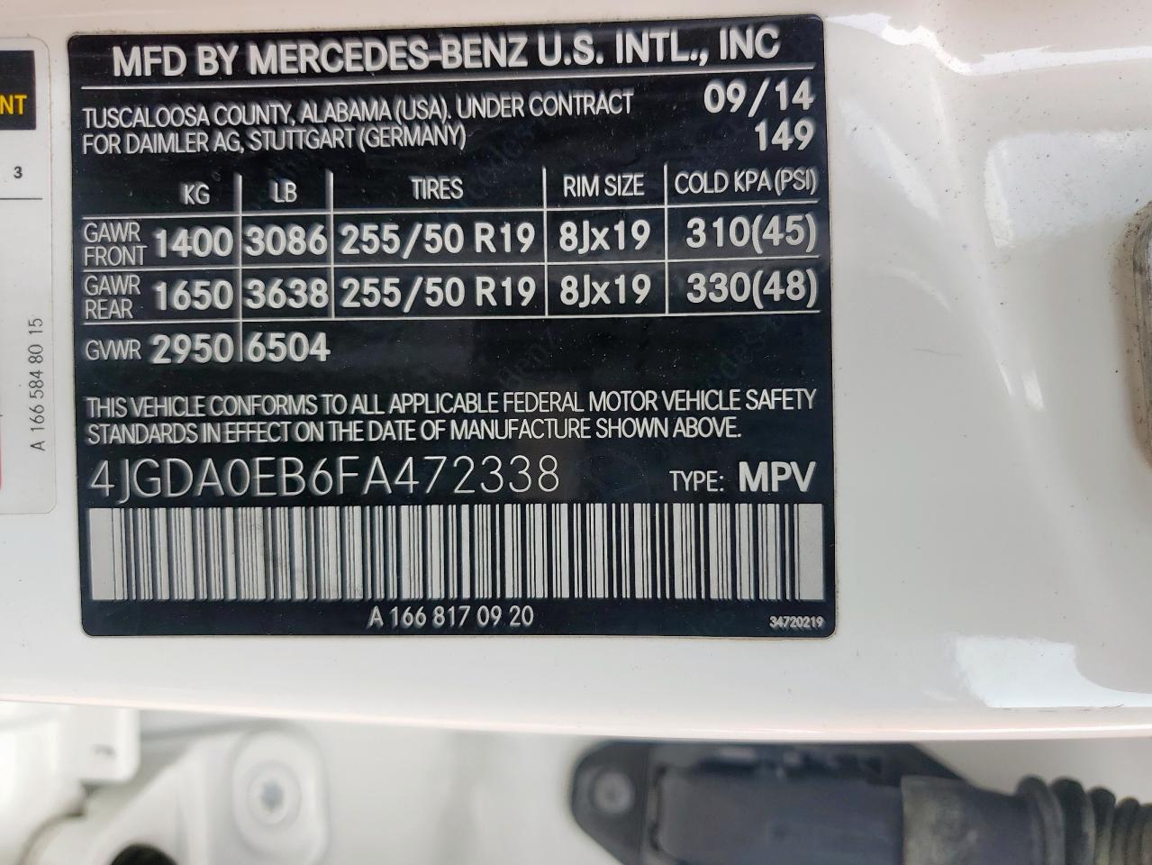 2015 Mercedes-Benz Ml 250 Bluetec VIN: 4JGDA0EB6FA472338 Lot: 63116345