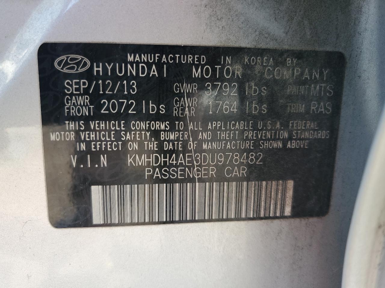 2013 Hyundai Elantra Gls VIN: KMHDH4AE3DU978482 Lot: 65395805