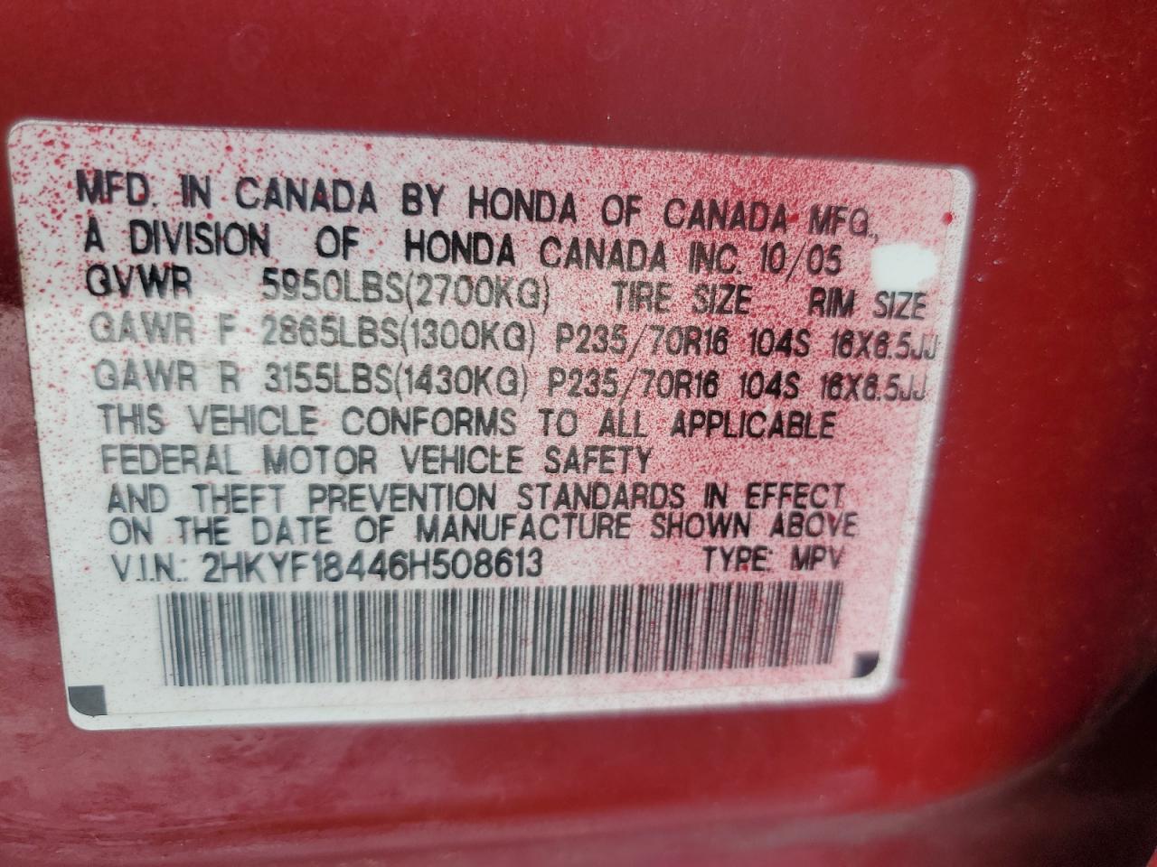 2006 Honda Pilot Ex VIN: 2HKYF18446H508613 Lot: 64546525