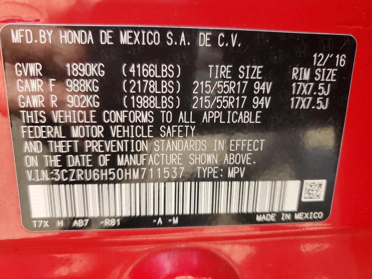 2017 Honda Hr-V Ex VIN: 3CZRU6H50HM711537 Lot: 62273895