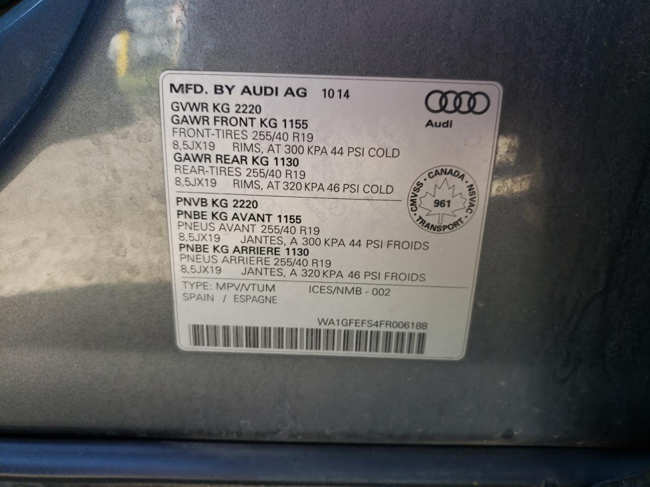 2015 Audi Q3 Prestige VIN: WA1GFEFS4FR006188 Lot: 64830465