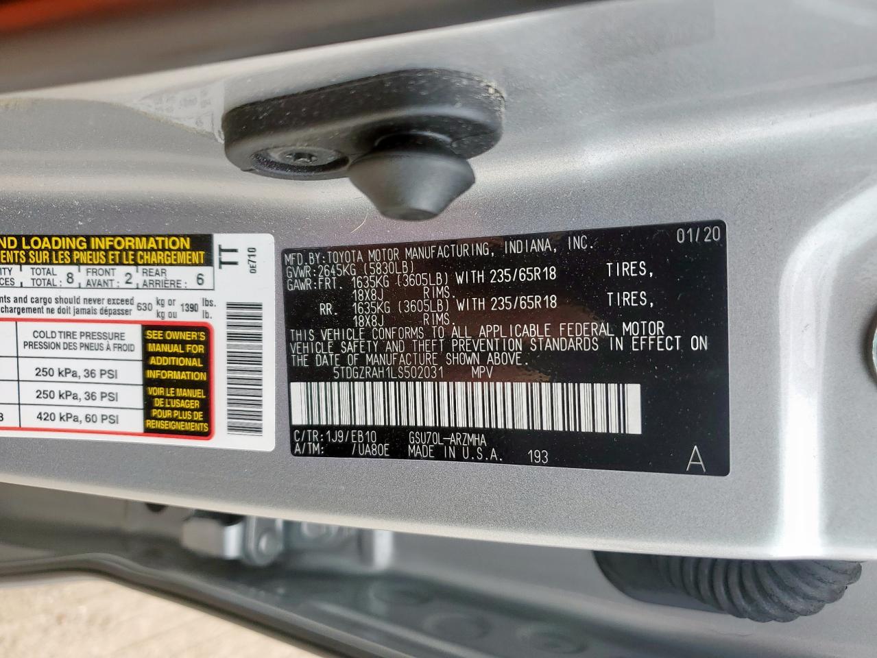 2020 Toyota Highlander Xle VIN: 5TDGZRAH1LS502031 Lot: 65622865