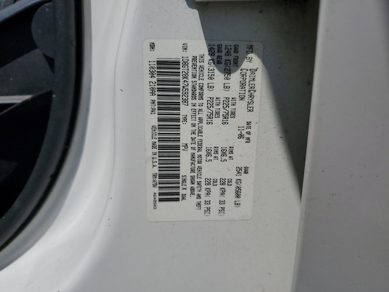2007 Dodge Nitro Sxt VIN: 1D8GT28K47W592387 Lot: 63061435